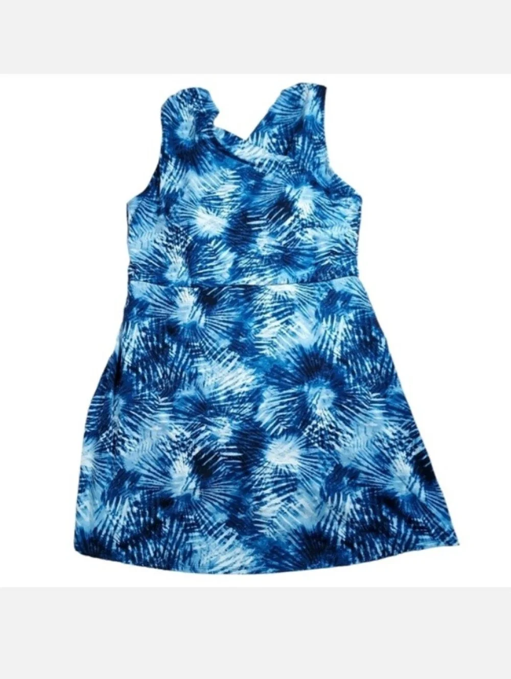 Lands End blue and white surplice swim dress 18